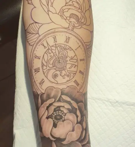 Clock and Peonies Sleeve Tattoo