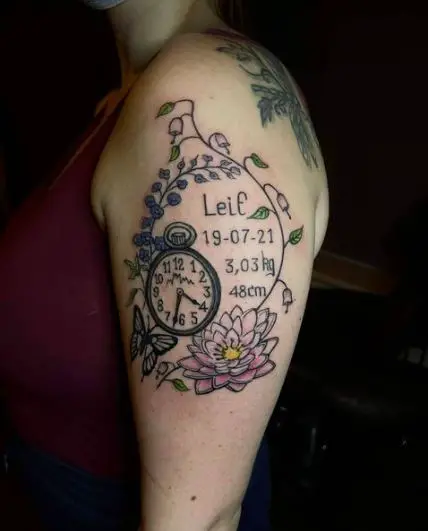 Clock with Flower Butterfly and Leaf Tattoo