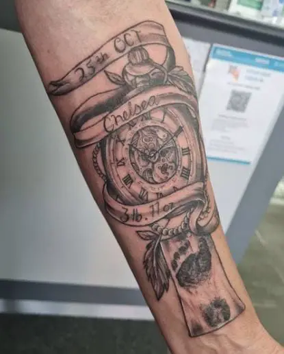 Clock with Time of Birth and Baby Footprint Tattoo