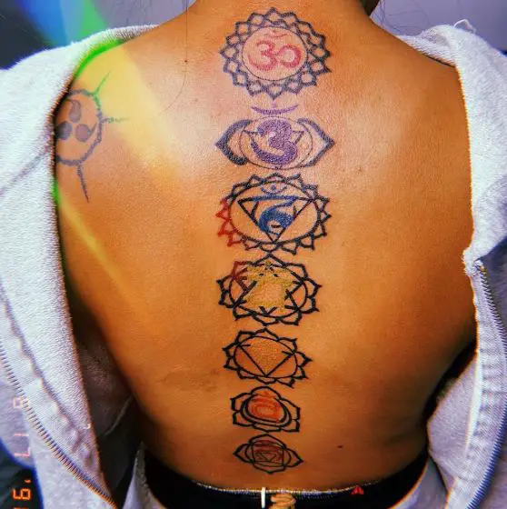 Colored Chakras Spine Tattoo