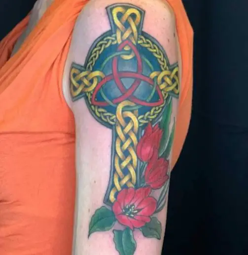 Colored Celtic Cross With Flowers Tattoo
