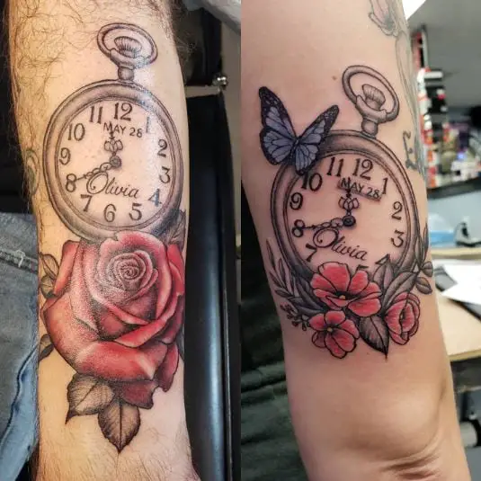 Colored Clock Tattoo Piece with Flowers and Butterfly