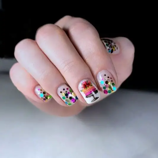 Colorful Birthday Cake Nails with Glitter