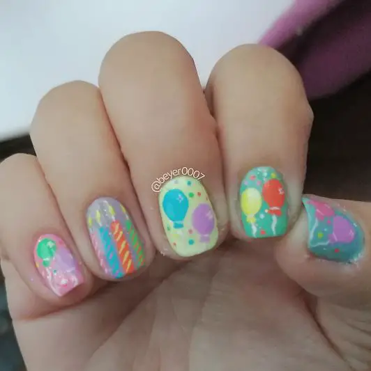 Colorful Balloons and Candles Nails Art