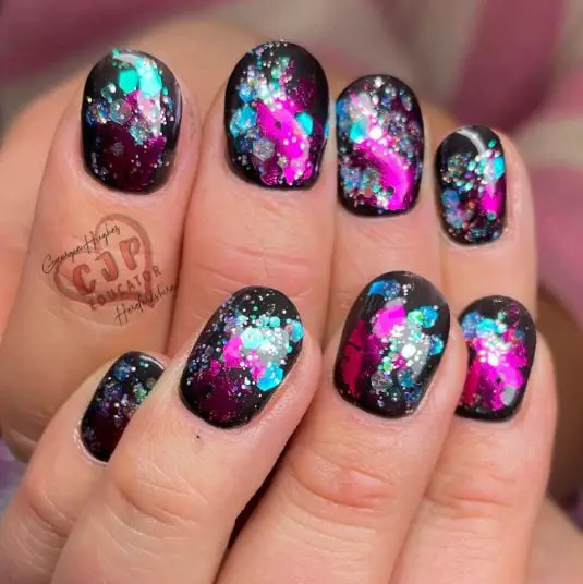 Colorful Black Glitter Nails