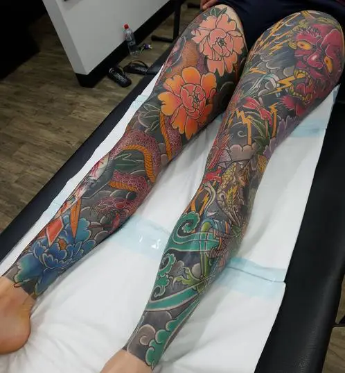 Colorful Full Leg Tattoo