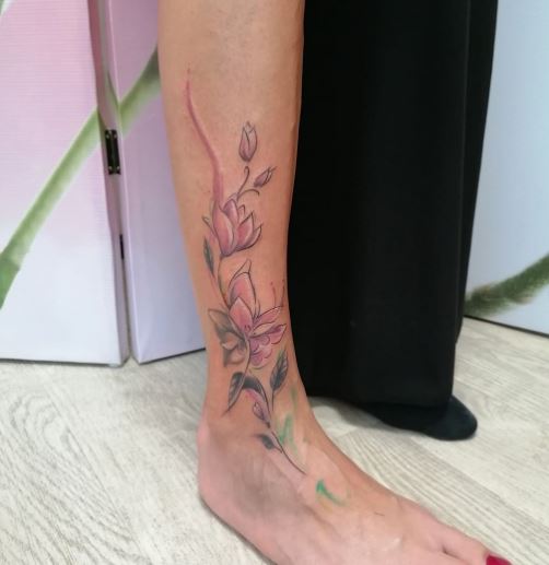 Watercolor Magnolia Flower Leg Tattoo