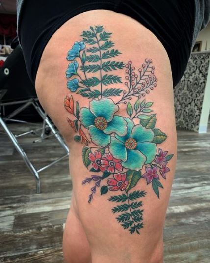 Colorful Floral Thigh Tattoo