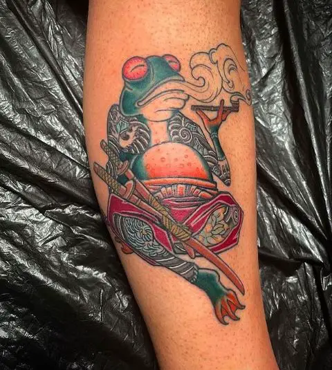 Colorful Samurai Frog Tattoo with Cigar