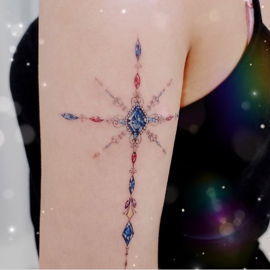 Colorful Jewels Cross Tattoo