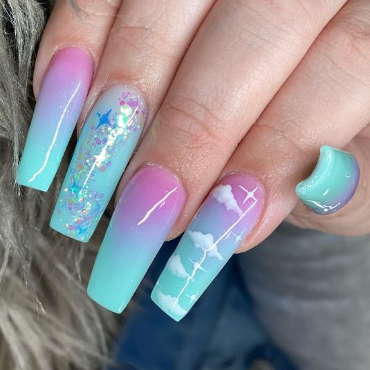 Cotton Candy Long Nails with Glitz Stars and Clouds