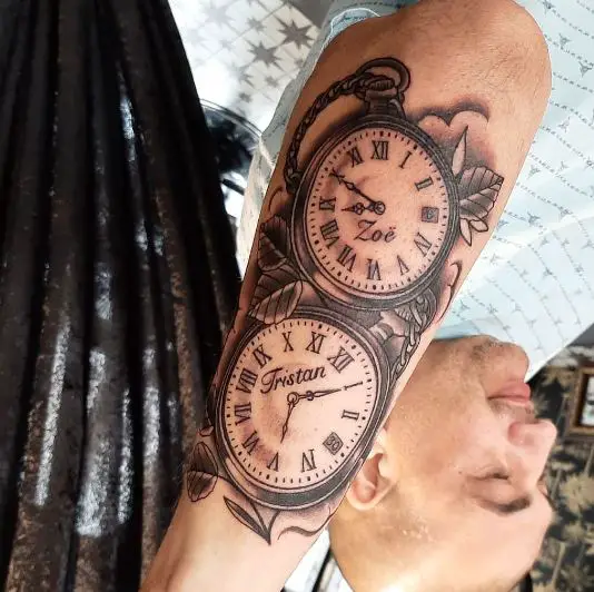 Couple Pocket Watch with Names Tattoo