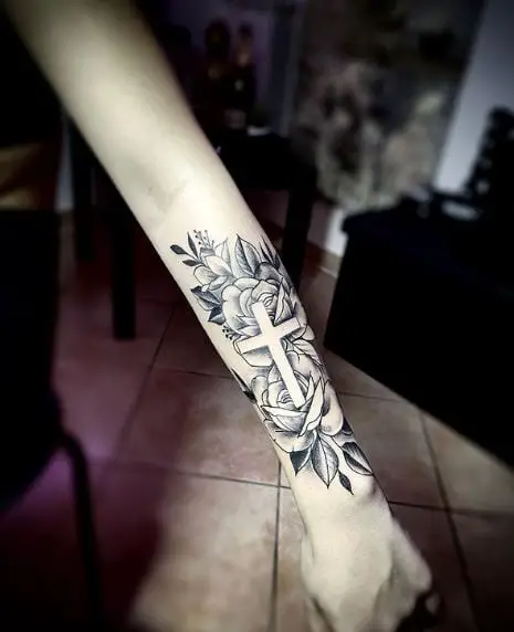 Black and White Cross Rose Tattoo