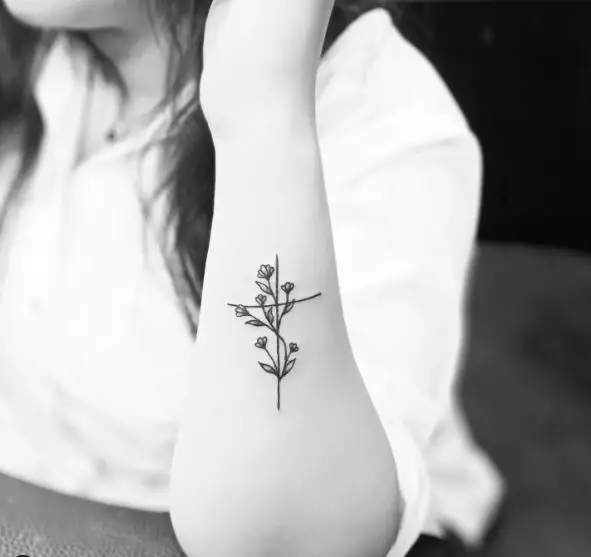 Flowers Around Thin Cross Tattoo