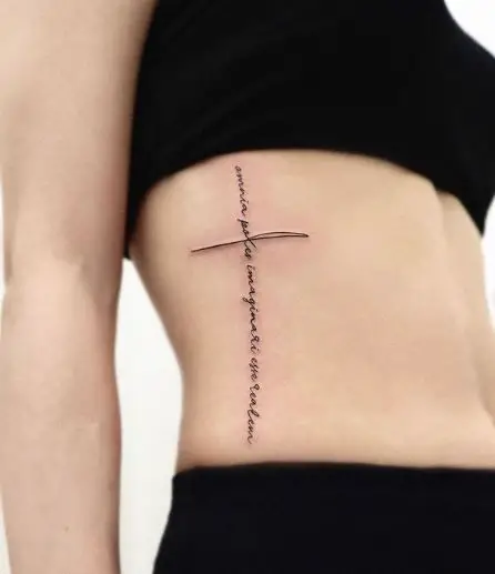 Cross Shaped Lettering Tattoo On Ribs