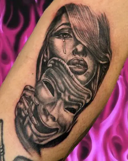 Crying Girl with Happy Mask Tattoo Piece
