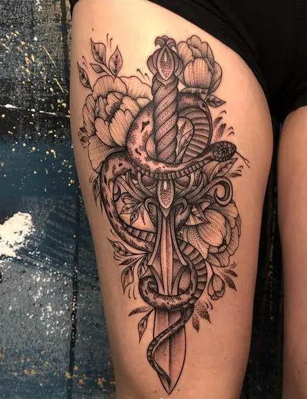Grey Snake Sword and Flower Tattoo