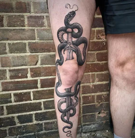 Sword Thru Knee and Snake Tattoo
