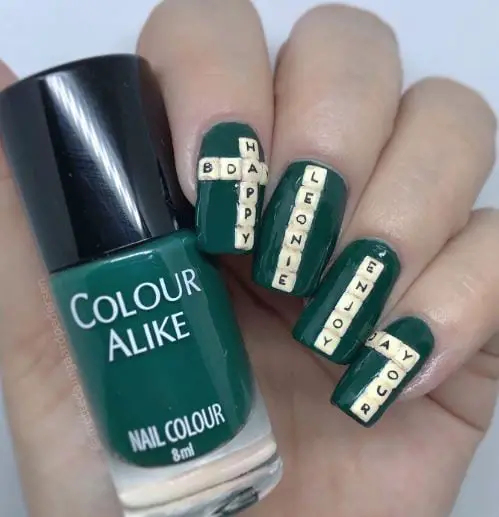 Dark Green Nails with Birthday Wishes