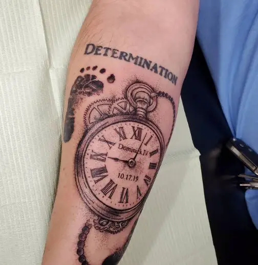 Date and Time Clock Tattoo with Lettering