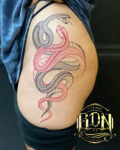 Black and Red Snakes on Thigh Tattoo