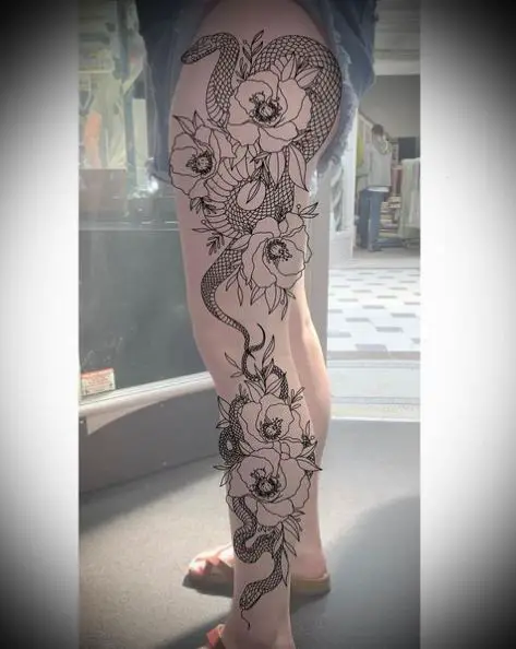 Whole Leg Double Snake Tattoo
