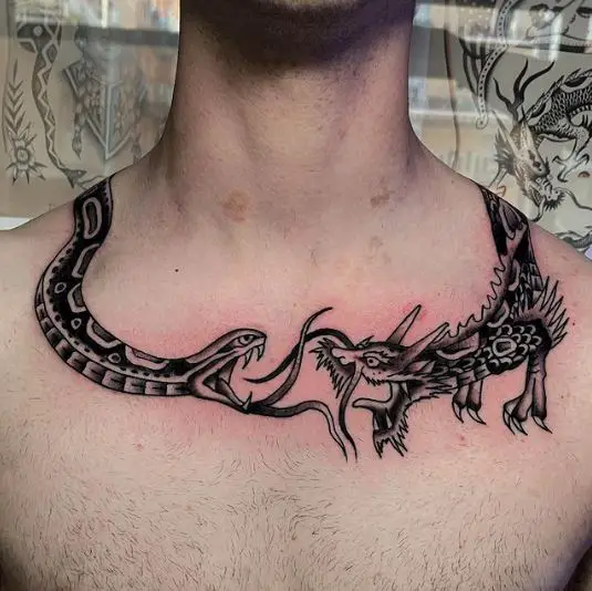 Dragon and Snake Traditional Collar Tattoo
