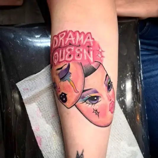 Drama Queen Happy Sad Pink Arm Tattoo