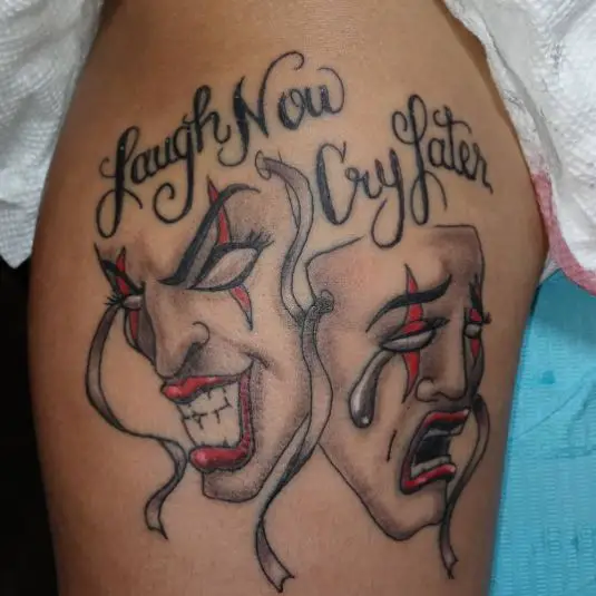 Evil Laugh and Sad Cry Faces with Letters - Leg Tattoo