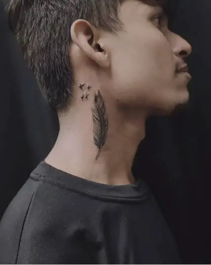 Feather Tattoo with Bird Below Ears