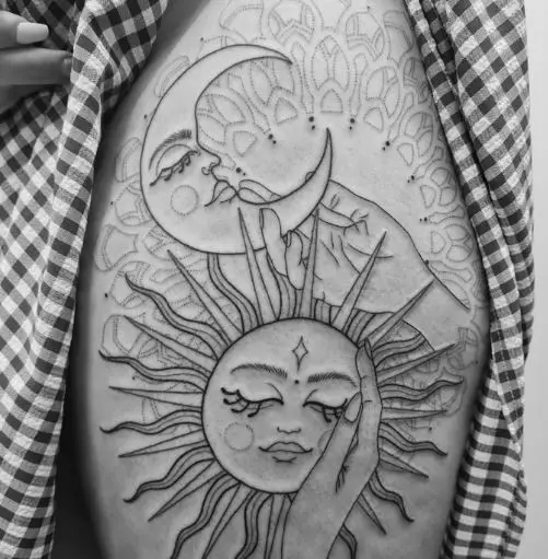 Fine Lined Sun and Moon Tattoo on the Thigh