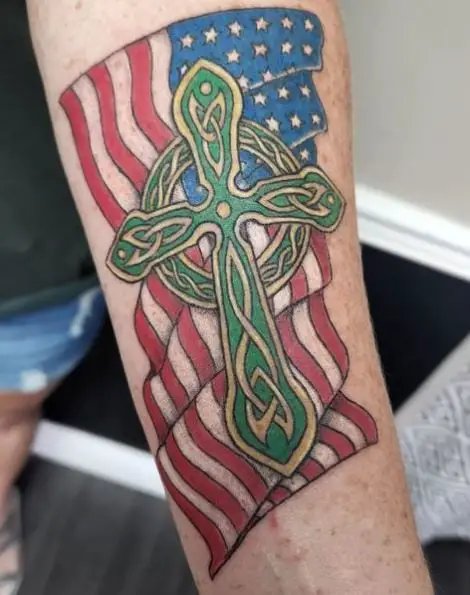 USA Flag With Cross Tattoo