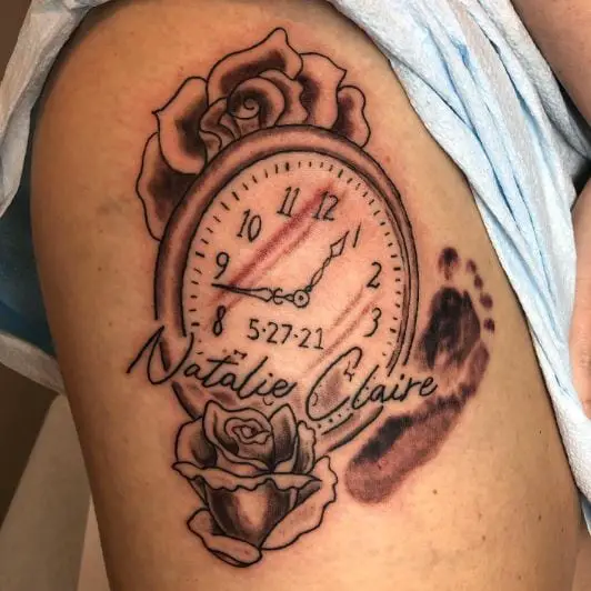 Floral Clock with Name and Date Tattoo