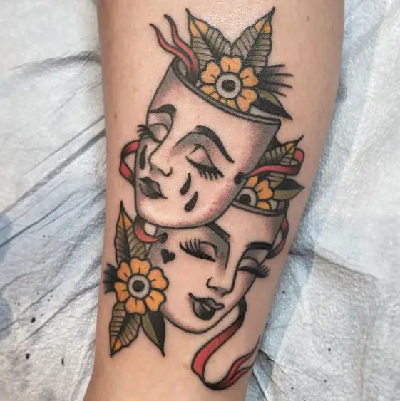 Floral Laugh and Cry Tattoo Piece