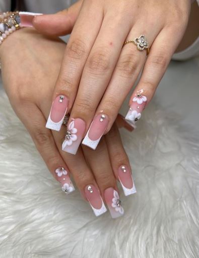 Floral Rhinestone Nails