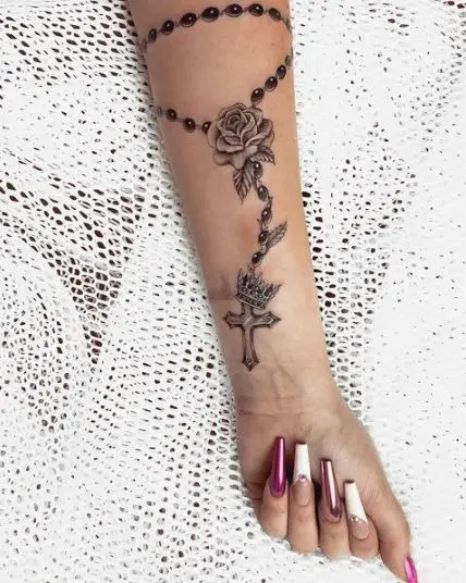 Floral Rosary Crowned Cross Tattoo