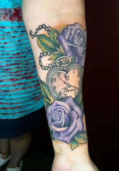 Colored Rose and Pocket Watch Tattoo