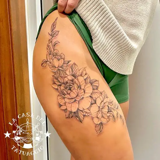 Peony Flower Tattoo on the Leg