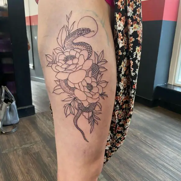 Flowers and Snake Tattoo Line Style