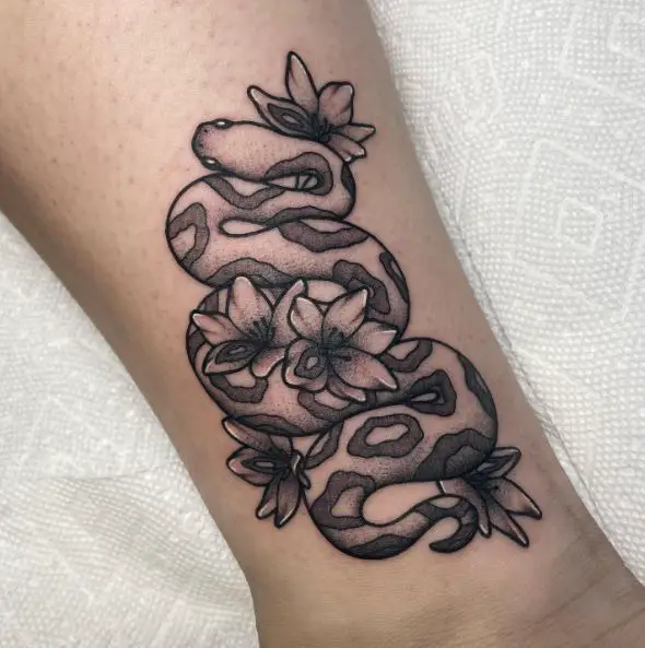 Grey Flowers and Snake Tattoo