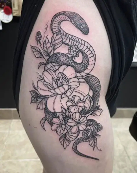 Black & White Flowers and Snake Tattoo