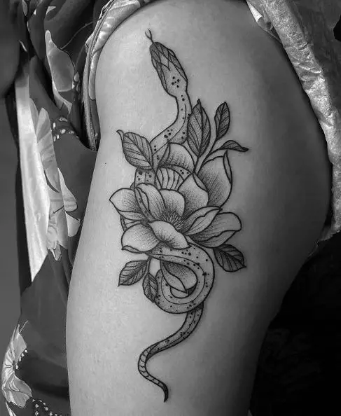 Snake around Lotus Flower Tattoo