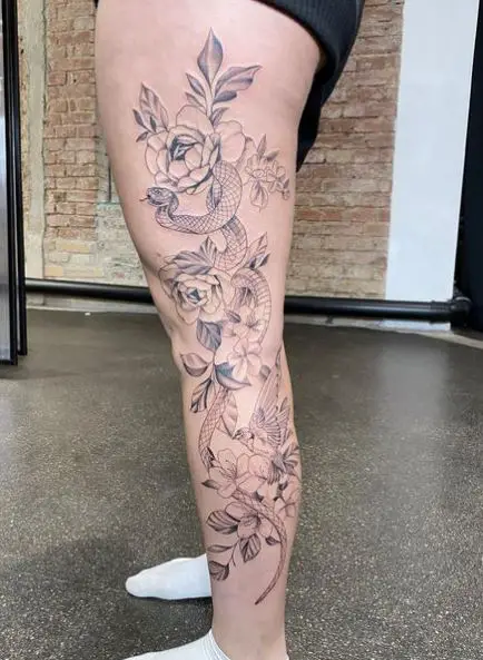 Snake and Flower Tattoo on Whole Leg 