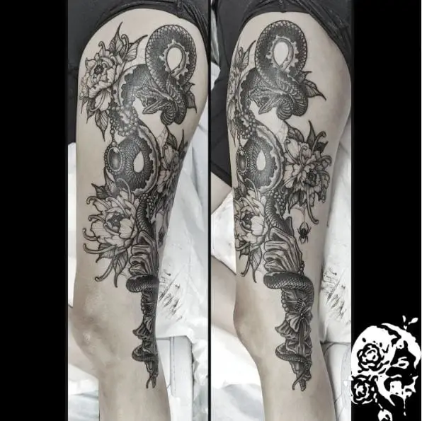 Knee to Thigh Snake and Flowers Tattoo