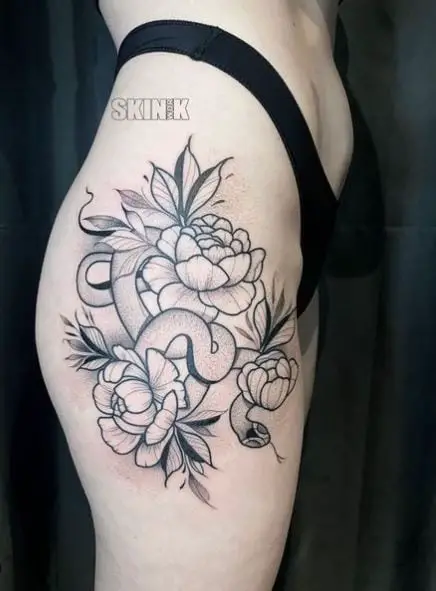 High Thigh Snake and Flowers Tattoo