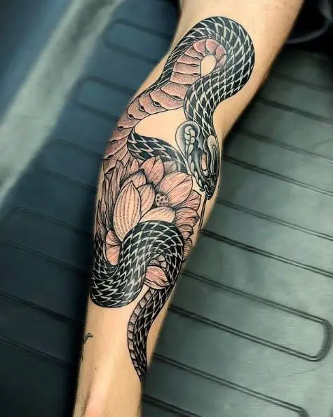 Snake and Lotus Back Calf Tattoo