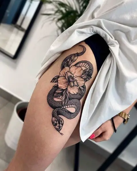 Dot Work Snake and Flowers Tattoo