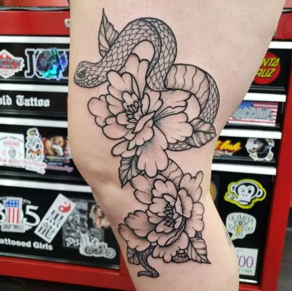 Grey Snake and Flowers Tattoo on Knee 