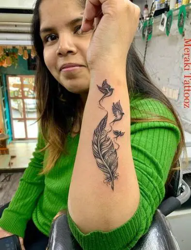 Flying Birds with Feather Hand Tattoo