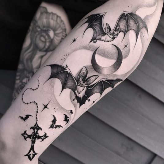 Bats with Moon and Cross Arm Tattoo
